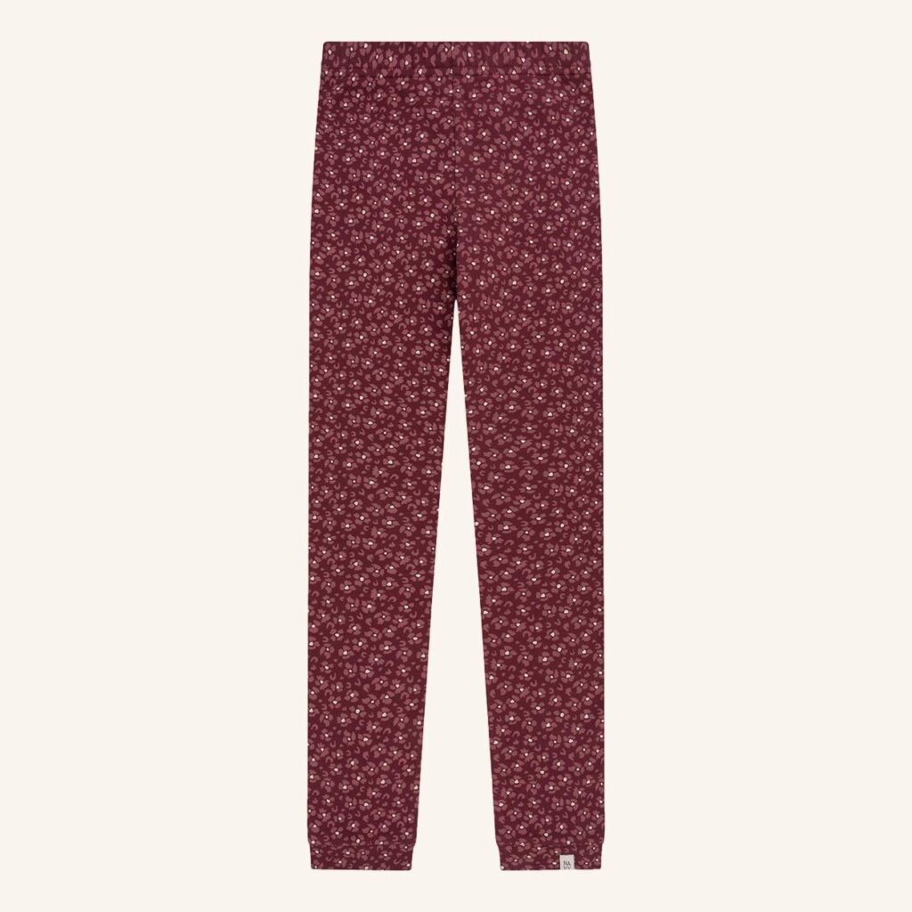 Leggings burdeos con estampado de leopardo y flores